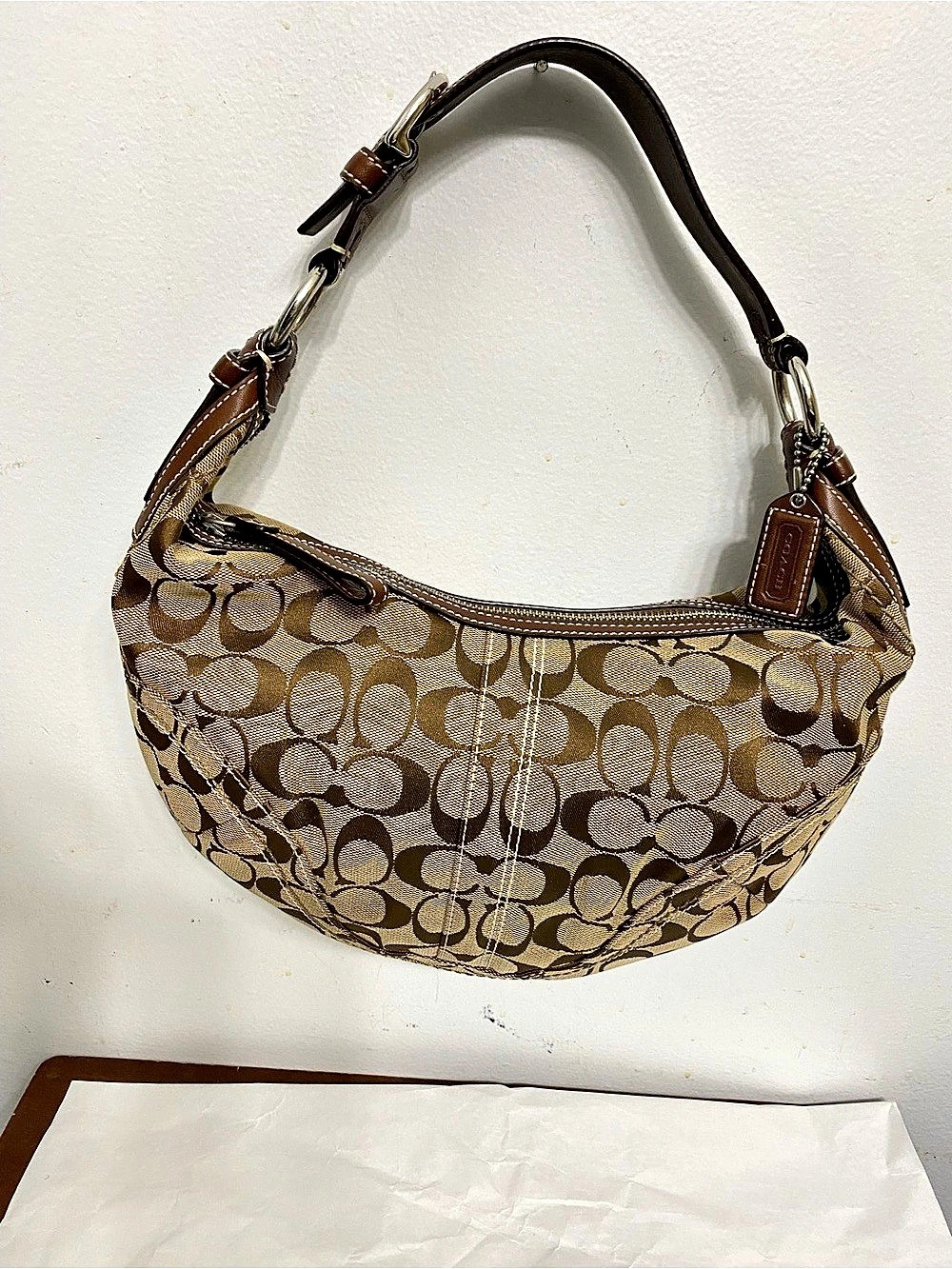 Coach Signature Jacquard Hobo Bag Brown & Tan Shoulder Bag